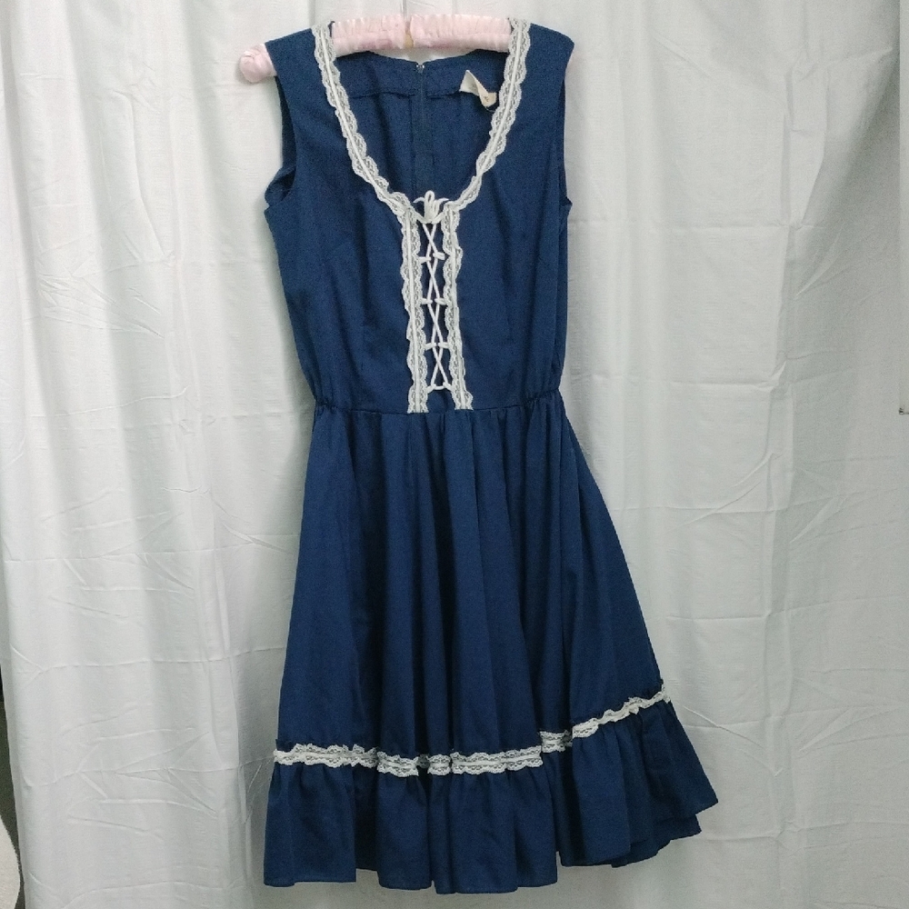 Vintage Navy Blue Dress with White Lace Trim